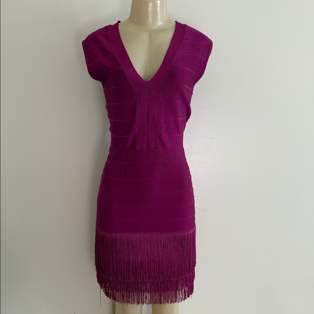 Venus Purple Magenta Fringe V Neck Bandage Dress Size 8 Bodycon